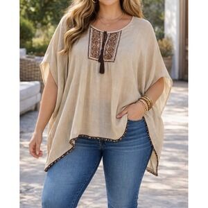 Wrangler Flowy Boho Embroidered Sequin Poncho Western Top Kimono XL